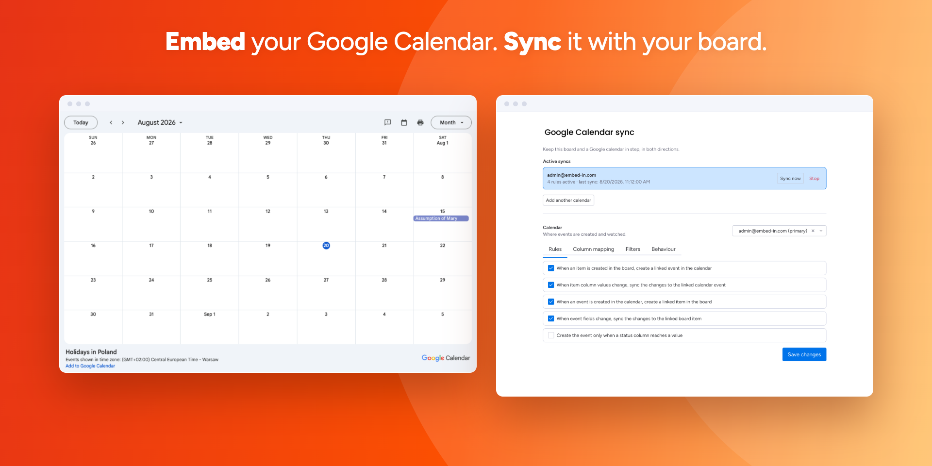 A Google Calendar embedded on a monday.com board next to the sync settings panel