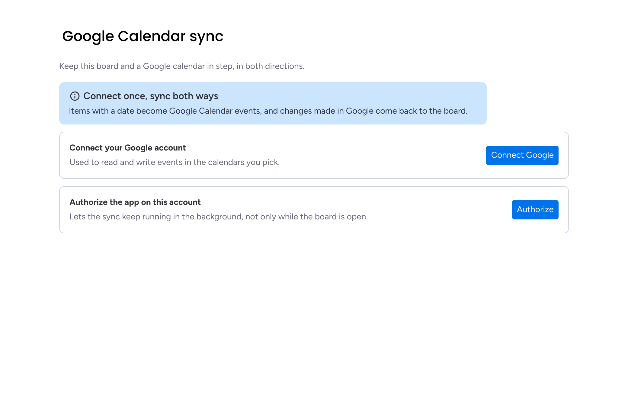 Connecting a Google account and authorising the app on a monday.com account