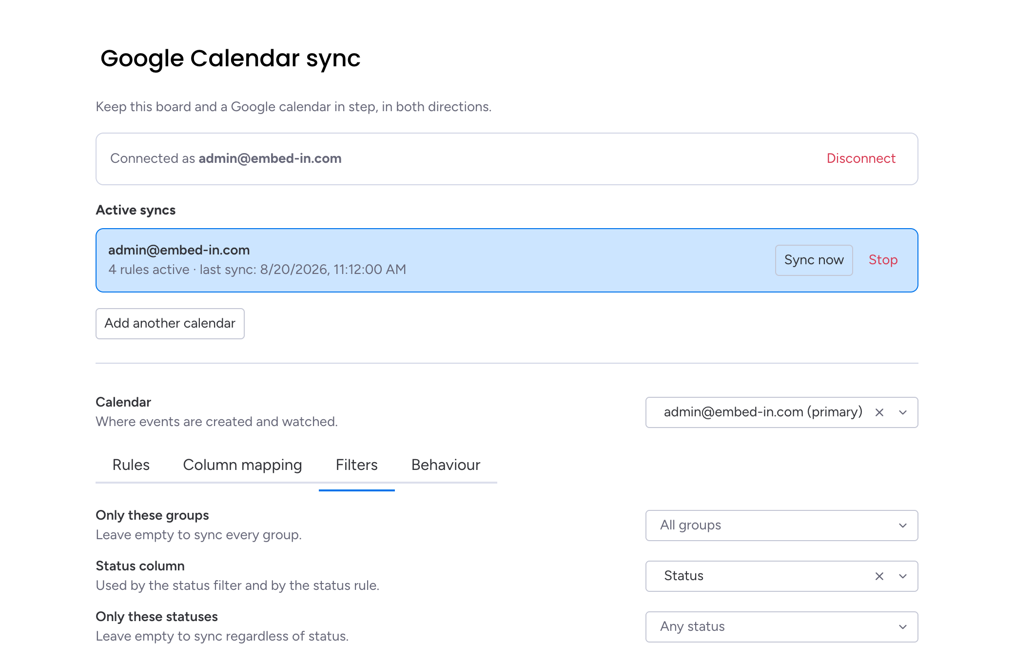 Filters limiting which groups and statuses take part in the sync